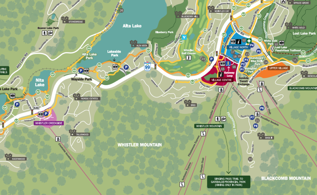 Map of Whistler with the three bases highlighted in color