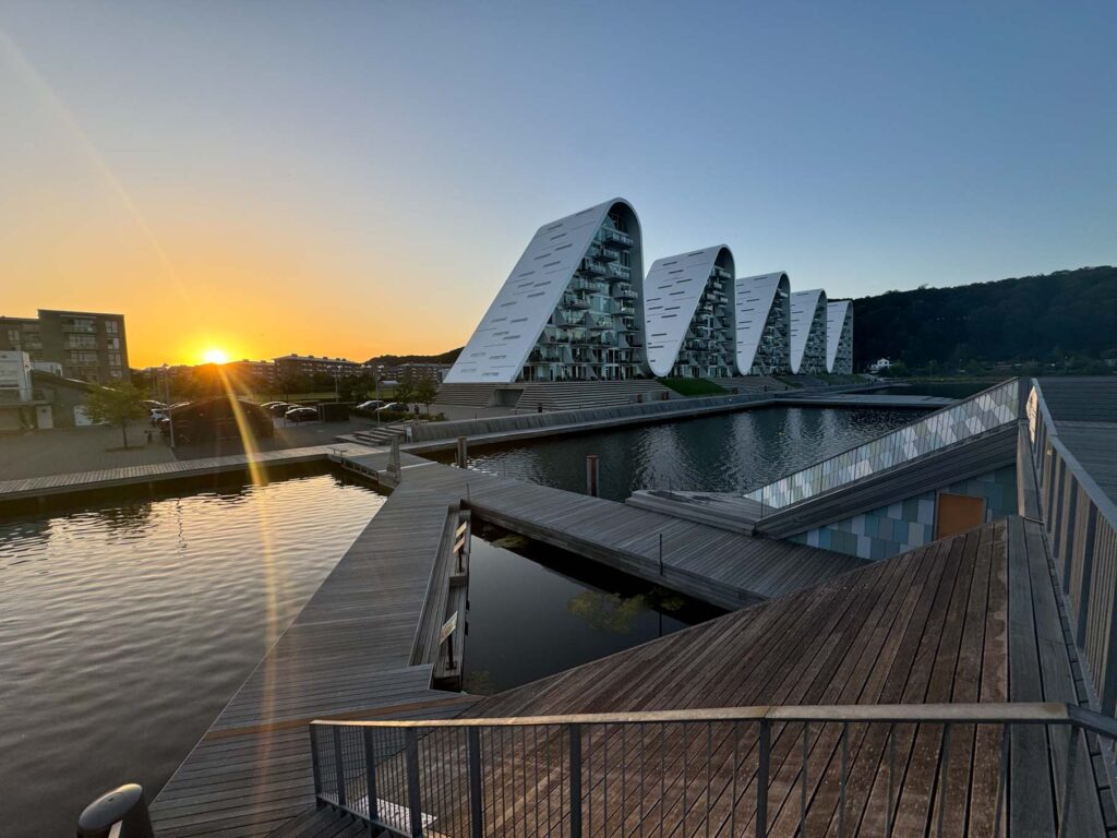 The wave house in Vejle, Denmark at sunset