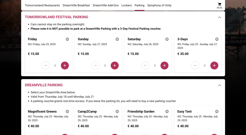Tomorrowland Add-on Sale Parking Options