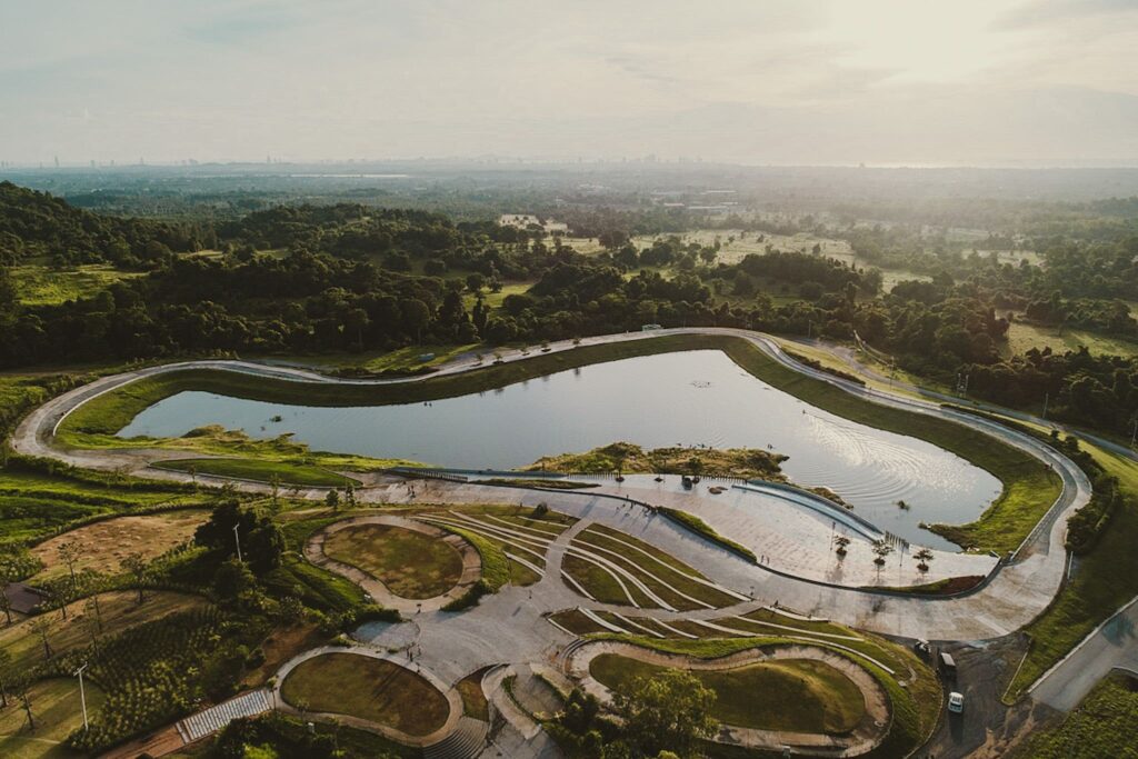 Aerial Wisdom Valley in Thailand at Dusk
