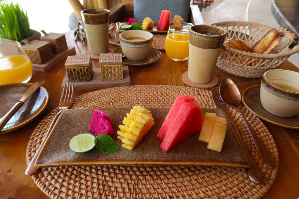 Breakfast fruit plate at Jihwa Restaurant Akohara Buahan Village Retreat