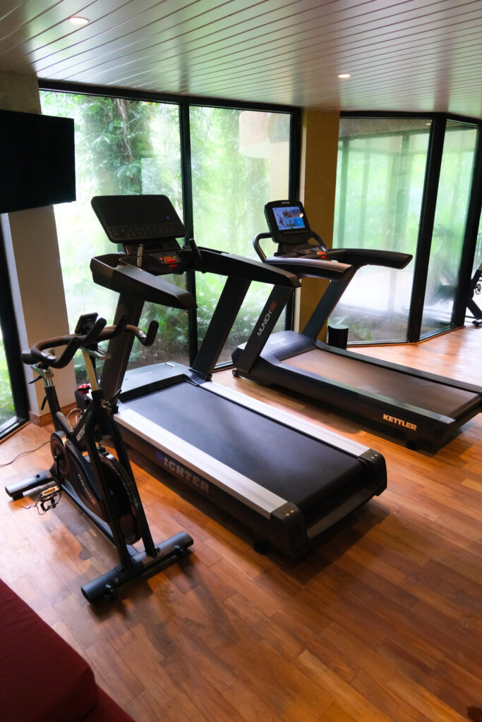 Gym with floor-to-ceiling jungle views at Akohara Buahan Village Retreat Ubud Bali