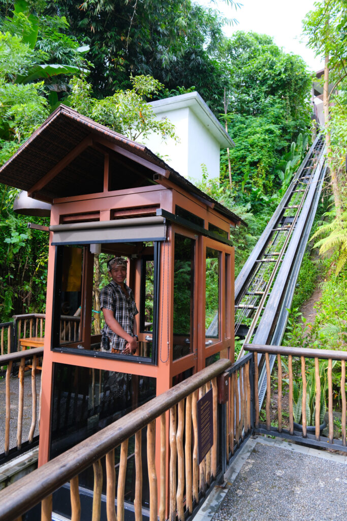 Inclinator hillside lift between villa rows at Akohara Buahan Village Retreat Ubud