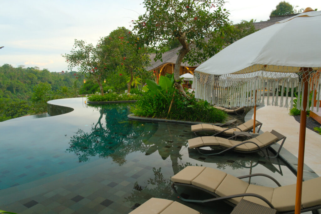 Heated main infinity pool with jungle valley views Akohara Buahan Village Retreat Bali