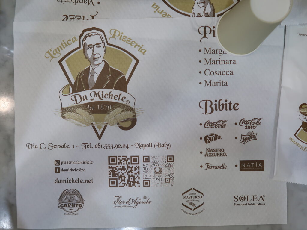 Placemet menu at Da Michele Naples