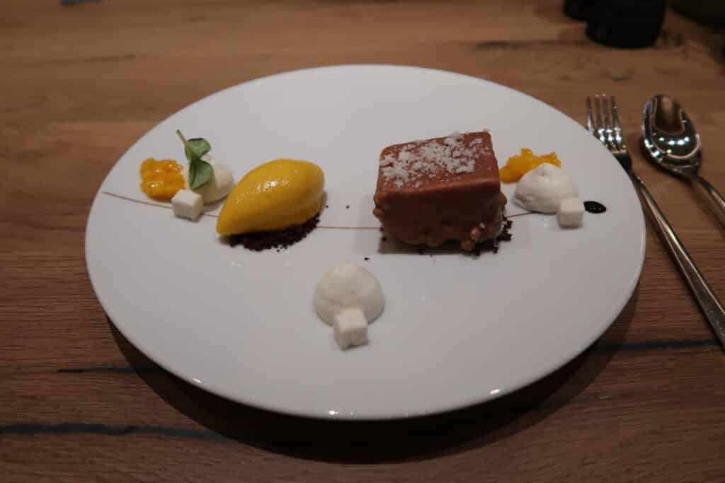 Bounty chocolate with mango ice cream at Hotel Recort in Italy